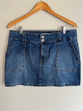 Denim Blue Jean Mid Rise Pocket Wide Waist Preppy Utility Pocket Mini Skirt 11